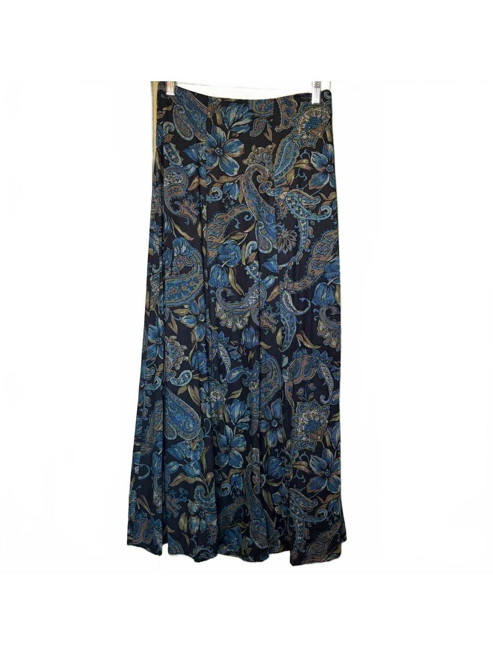 Vintage First Option Women's Maxi Skirt Floral Paisley Pattern Blue Black Size M